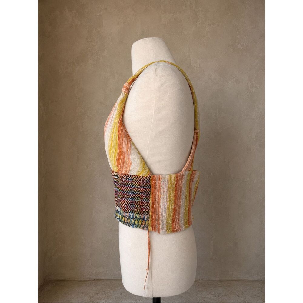 Anthropologie Large Striped Smocked Tank Crop Top Multicolor Boho Cotton V-Neck - Picture 3 of 11